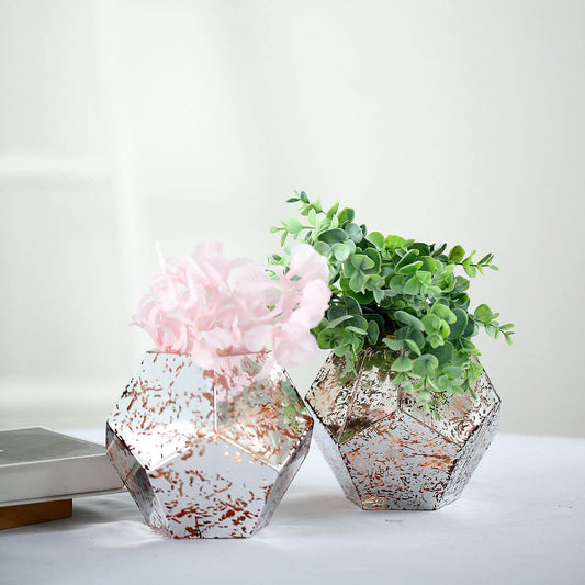 2 Pack Silver Rose Gold Pentagon Geometric Mercury Glass Vases, Candle Holder Centerpieces 5"