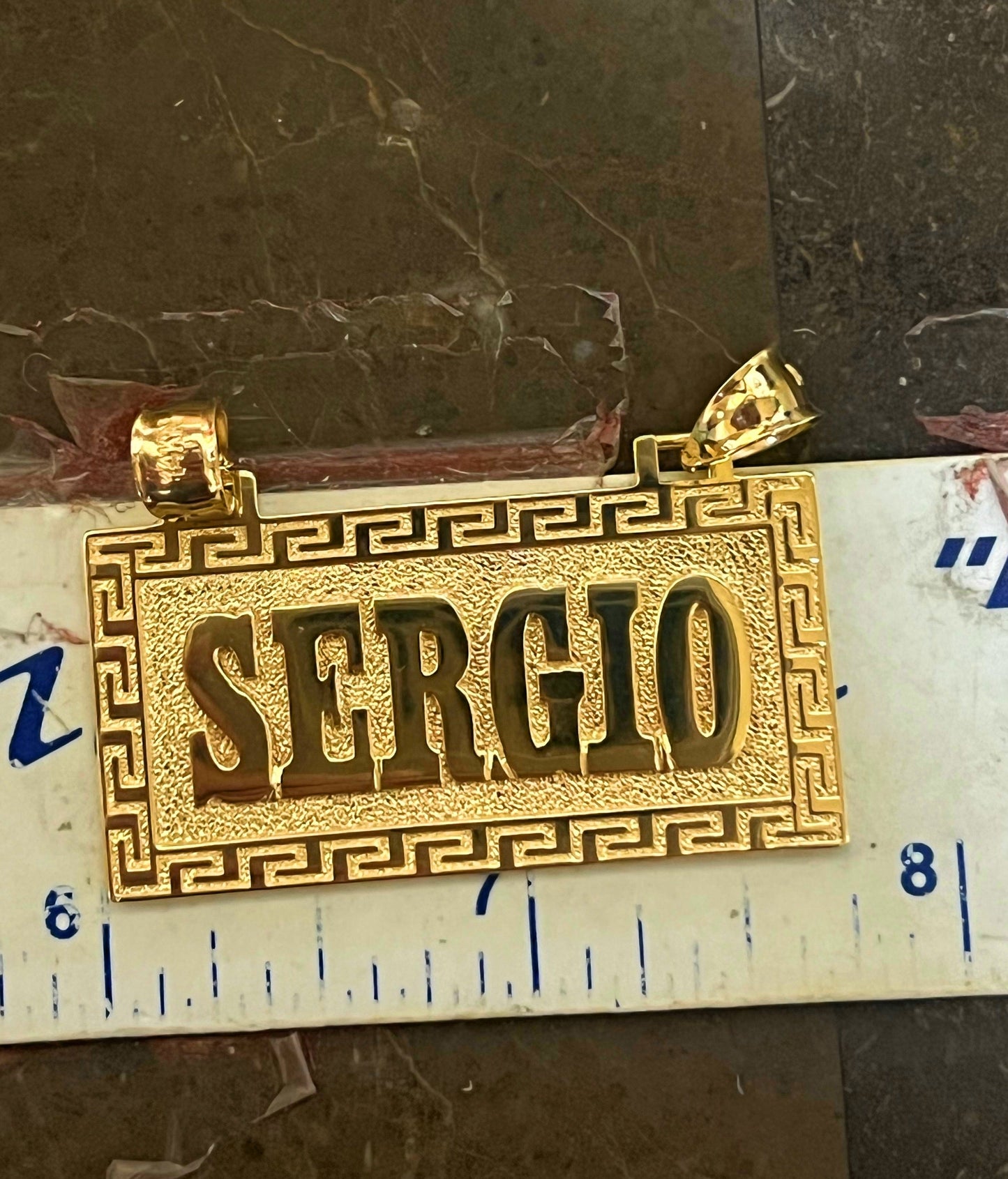 14k Solid Gold Custom RECTANGLE GREEK BORDER (MEANDROS) Nameplate Pendant (13g)