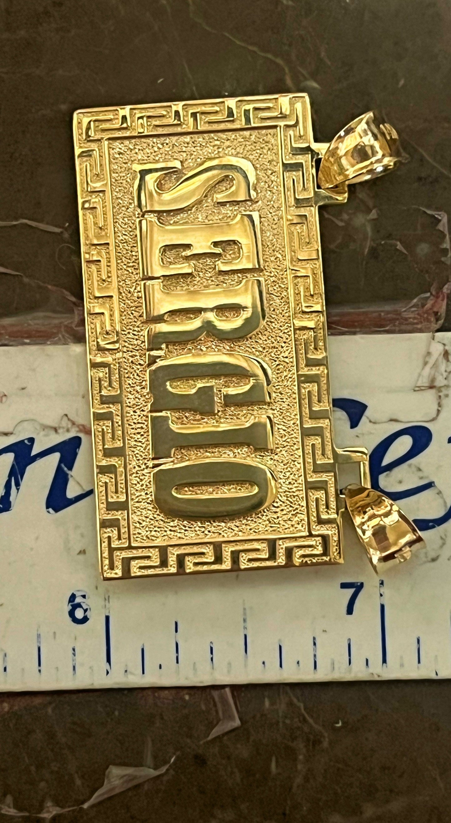 14k Solid Gold Custom RECTANGLE GREEK BORDER (MEANDROS) Nameplate Pendant (13g)